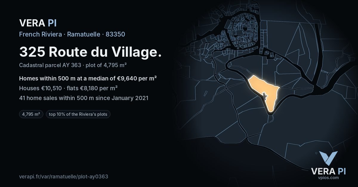 325 Route du Village, Ramatuelle at night – the plot lit, the parcels around coloured by the prices near them