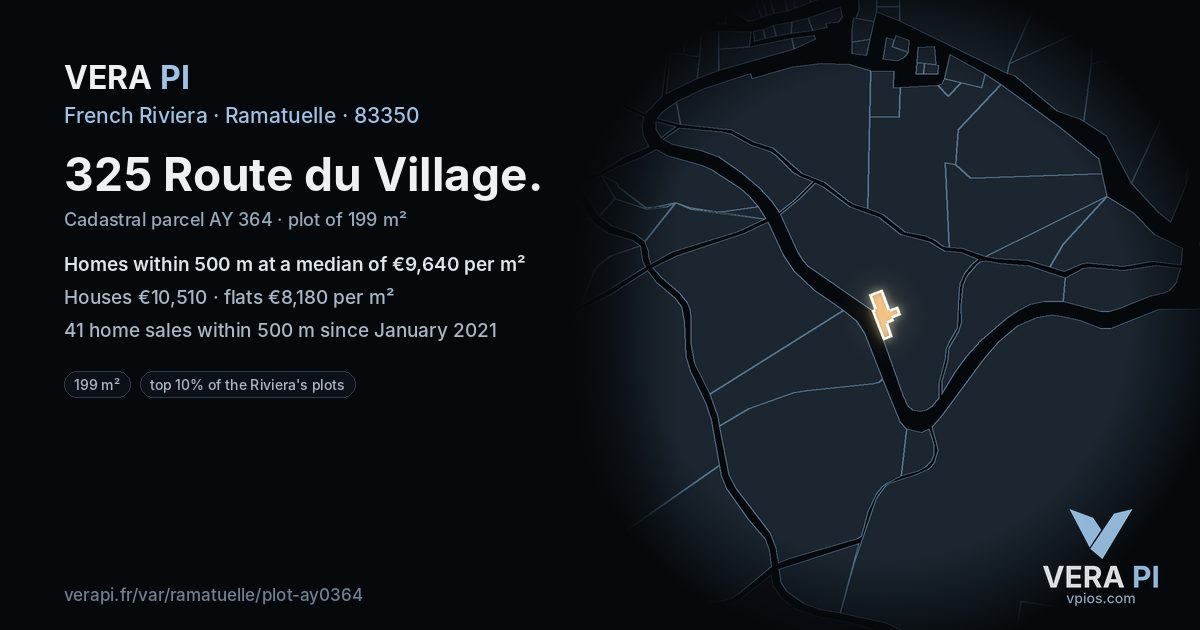 325 Route du Village, Ramatuelle at night – the plot lit, the parcels around coloured by the prices near them