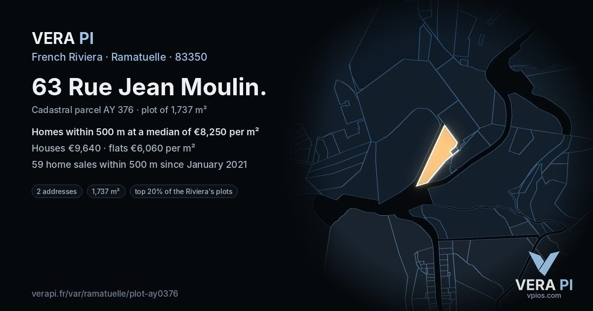 63 Rue Jean Moulin, Ramatuelle at night – the plot lit, the parcels around coloured by the prices near them
