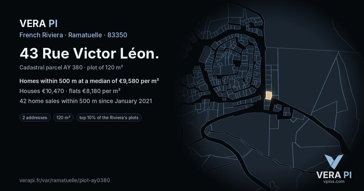 43 Rue Victor Léon, Ramatuelle at night – the plot lit, the parcels around coloured by the prices near them