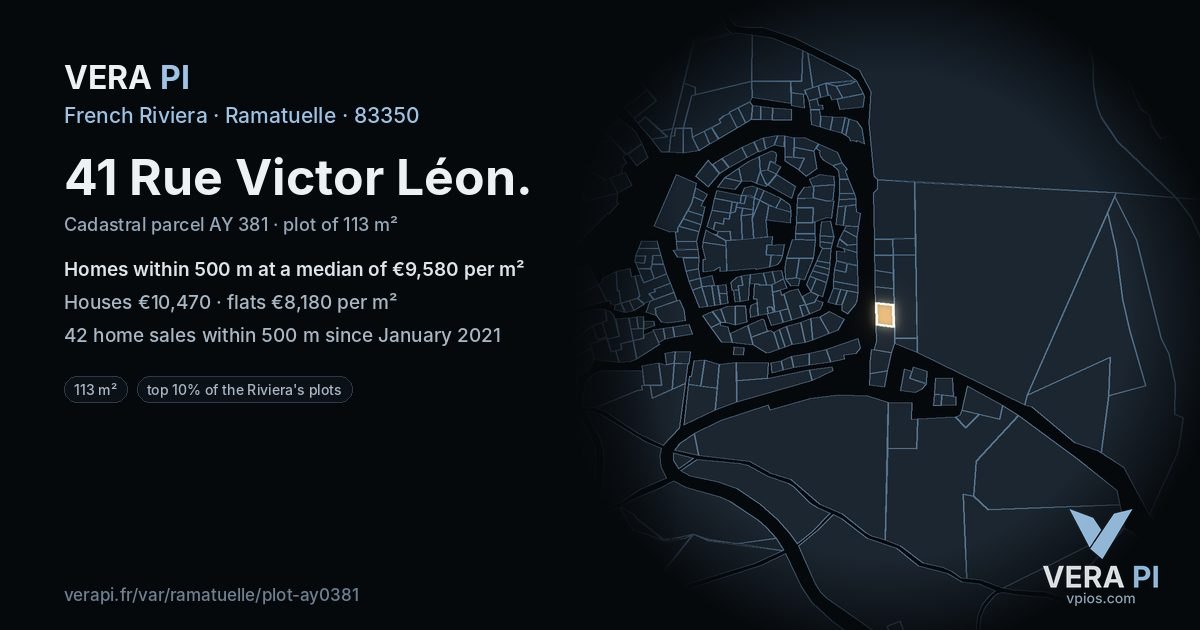 41 Rue Victor Léon, Ramatuelle at night – the plot lit, the parcels around coloured by the prices near them