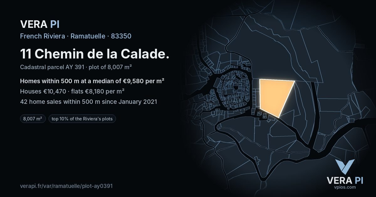 11 Chemin de la Calade, Ramatuelle at night – the plot lit, the parcels around coloured by the prices near them