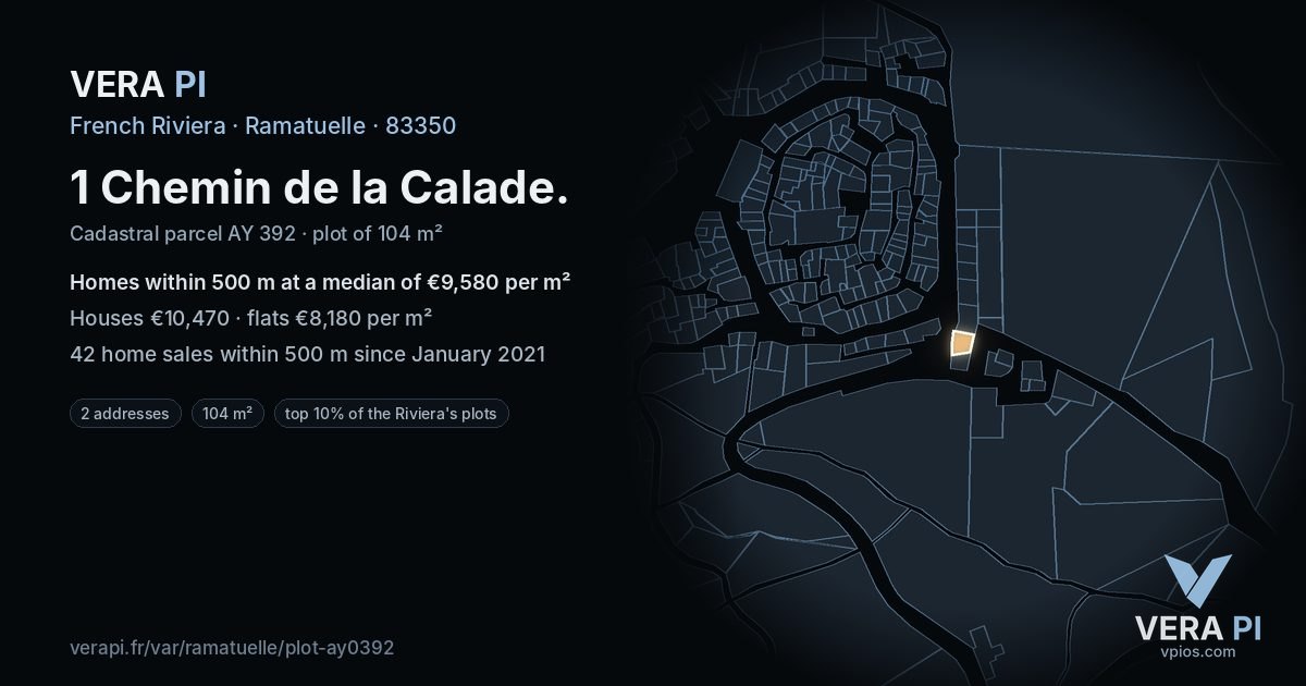 1 Chemin de la Calade, Ramatuelle at night – the plot lit, the parcels around coloured by the prices near them