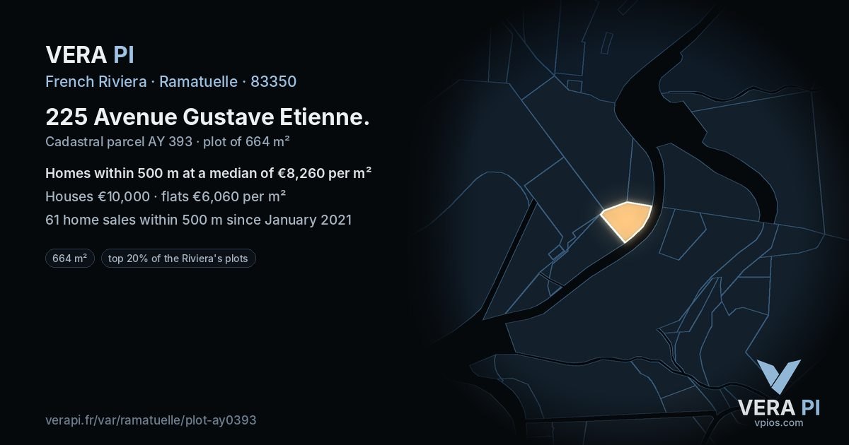 225 Avenue Gustave Etienne, Ramatuelle at night – the plot lit, the parcels around coloured by the prices near them