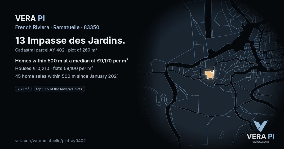 13 Impasse des Jardins, Ramatuelle at night – the plot lit, the parcels around coloured by the prices near them