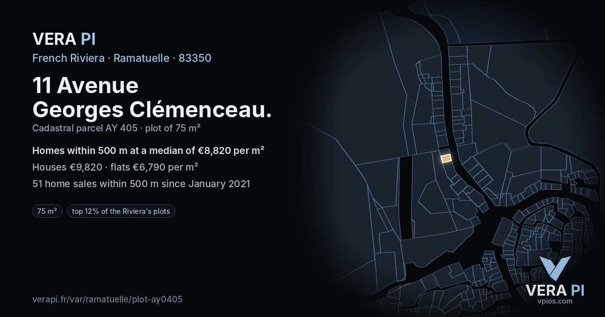11 Avenue Georges Clémenceau, Ramatuelle at night – the plot lit, the parcels around coloured by the prices near them