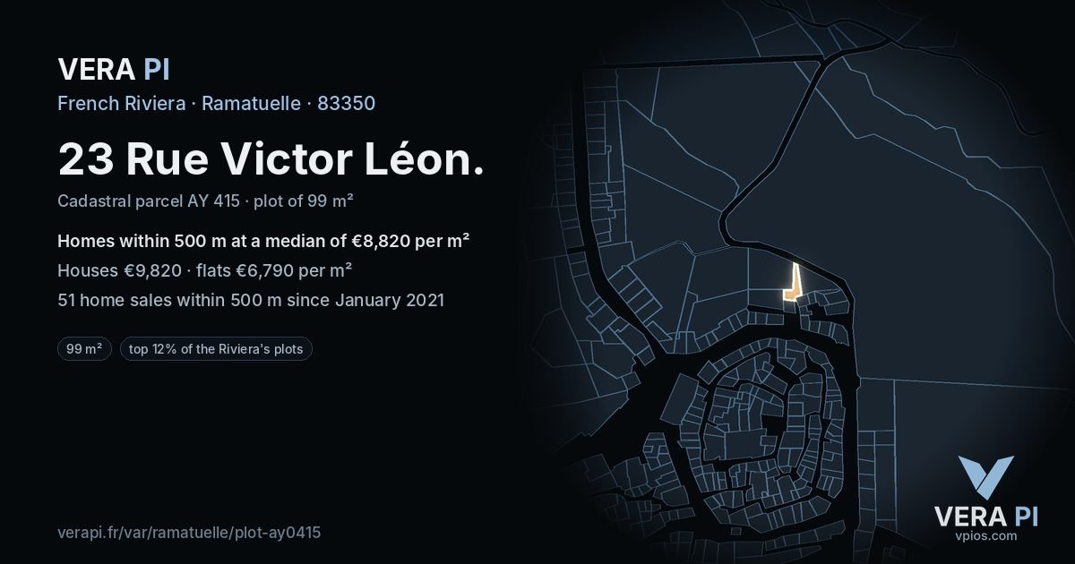 23 Rue Victor Léon, Ramatuelle at night – the plot lit, the parcels around coloured by the prices near them