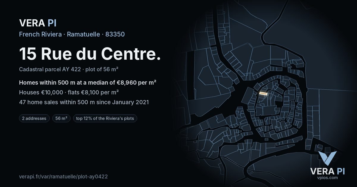 15 Rue du Centre, Ramatuelle at night – the plot lit, the parcels around coloured by the prices near them