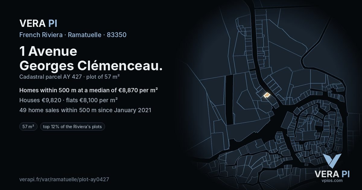 1 Avenue Georges Clémenceau, Ramatuelle at night – the plot lit, the parcels around coloured by the prices near them