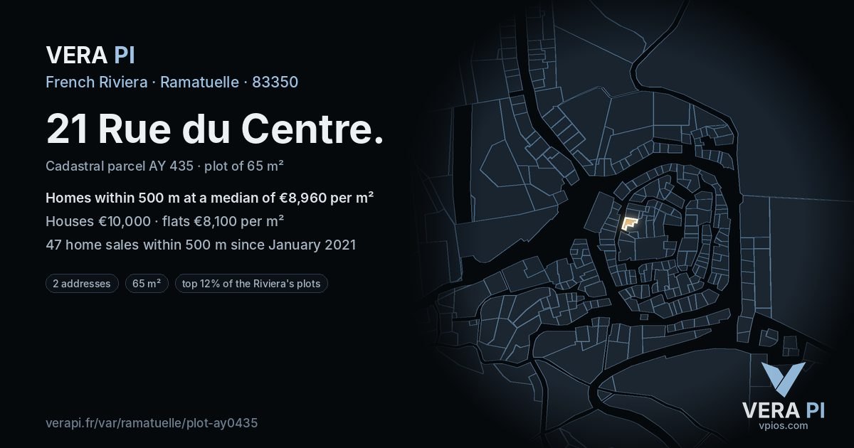 21 Rue du Centre, Ramatuelle at night – the plot lit, the parcels around coloured by the prices near them