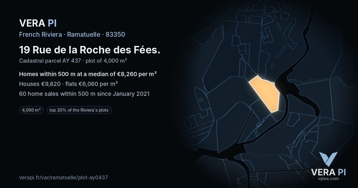 19 Rue de la Roche des Fées, Ramatuelle at night – the plot lit, the parcels around coloured by the prices near them