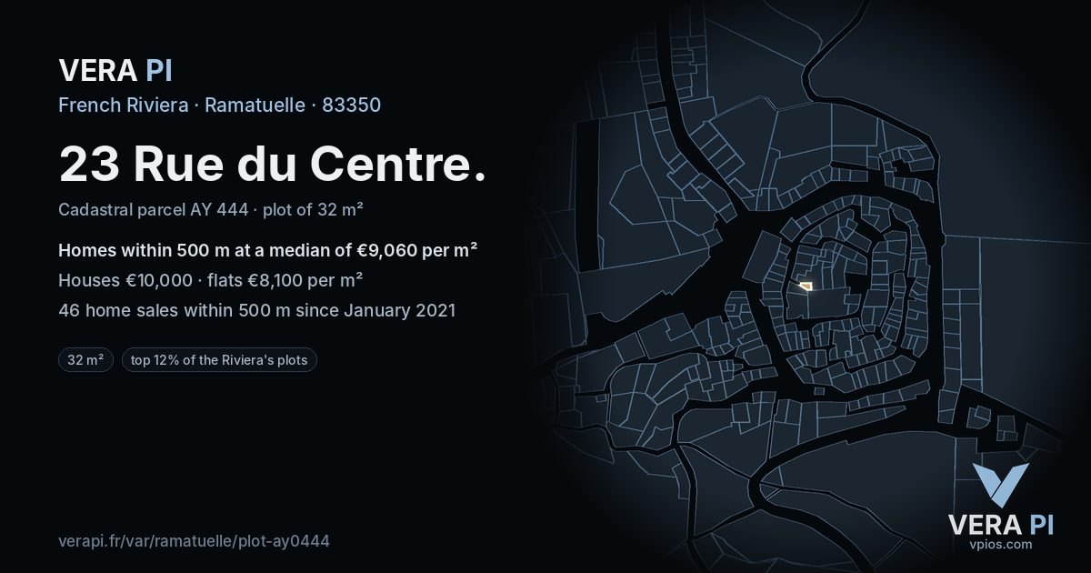 23 Rue du Centre, Ramatuelle at night – the plot lit, the parcels around coloured by the prices near them