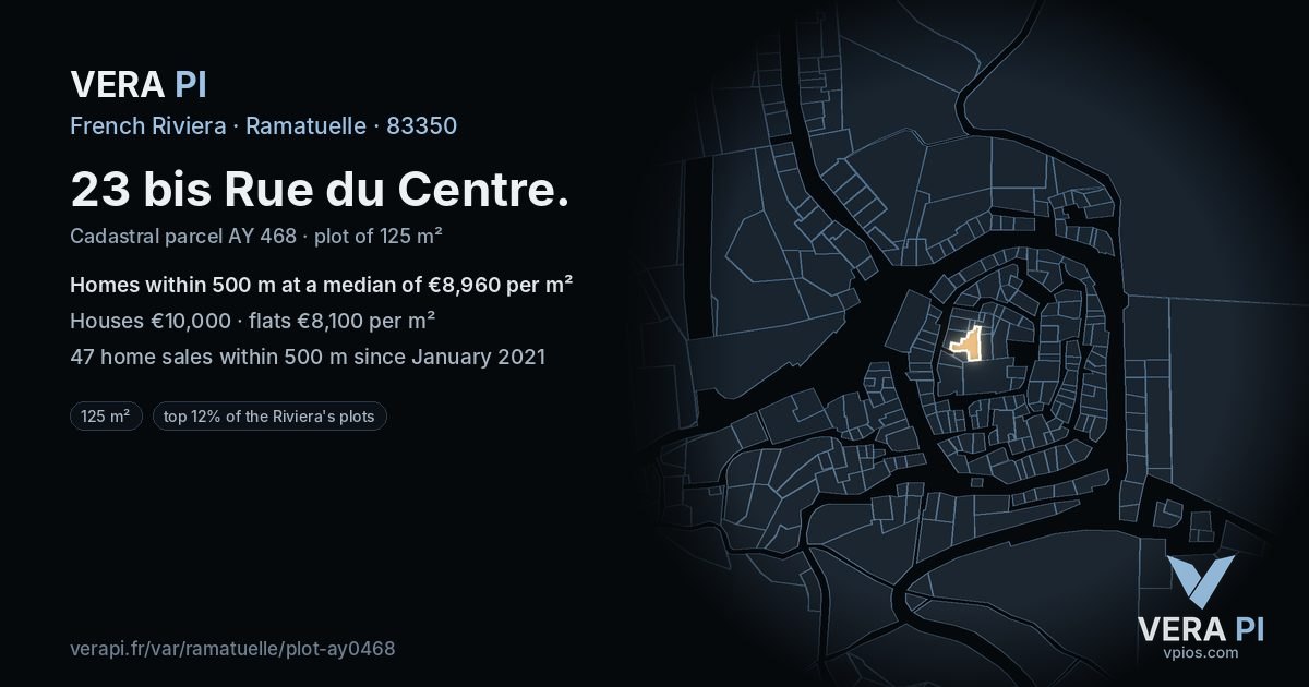 23 bis Rue du Centre, Ramatuelle at night – the plot lit, the parcels around coloured by the prices near them