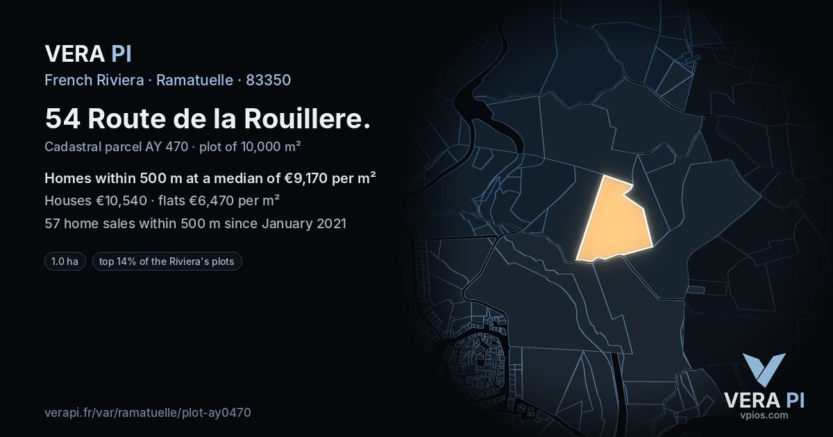 54 Route de la Rouillere, Ramatuelle at night – the plot lit, the parcels around coloured by the prices near them