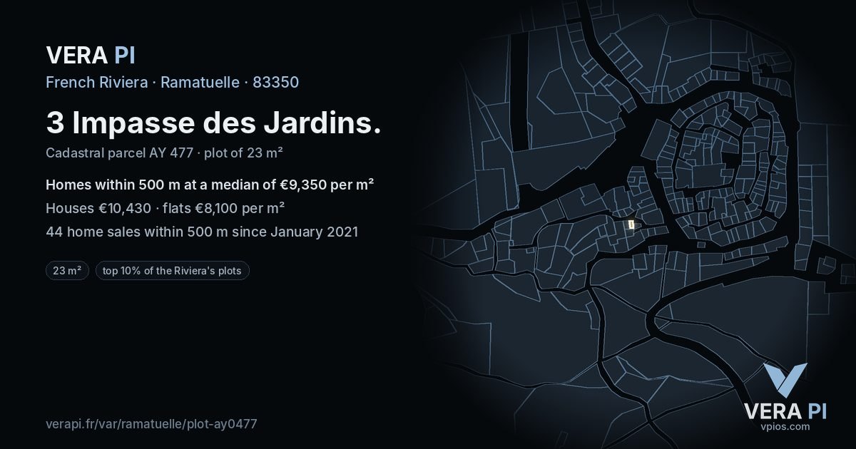 3 Impasse des Jardins, Ramatuelle at night – the plot lit, the parcels around coloured by the prices near them