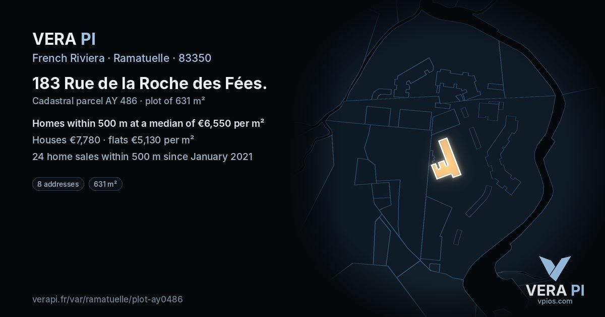 183 Rue de la Roche des Fées, Ramatuelle at night – the plot lit, the parcels around coloured by the prices near them