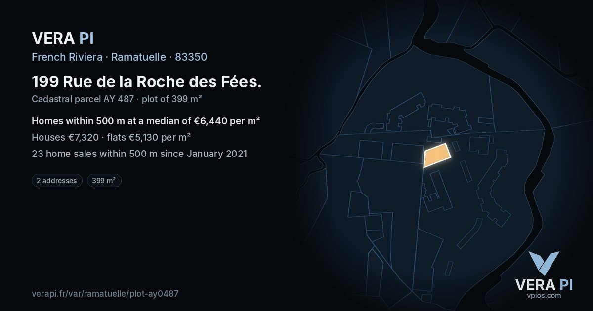 199 Rue de la Roche des Fées, Ramatuelle at night – the plot lit, the parcels around coloured by the prices near them