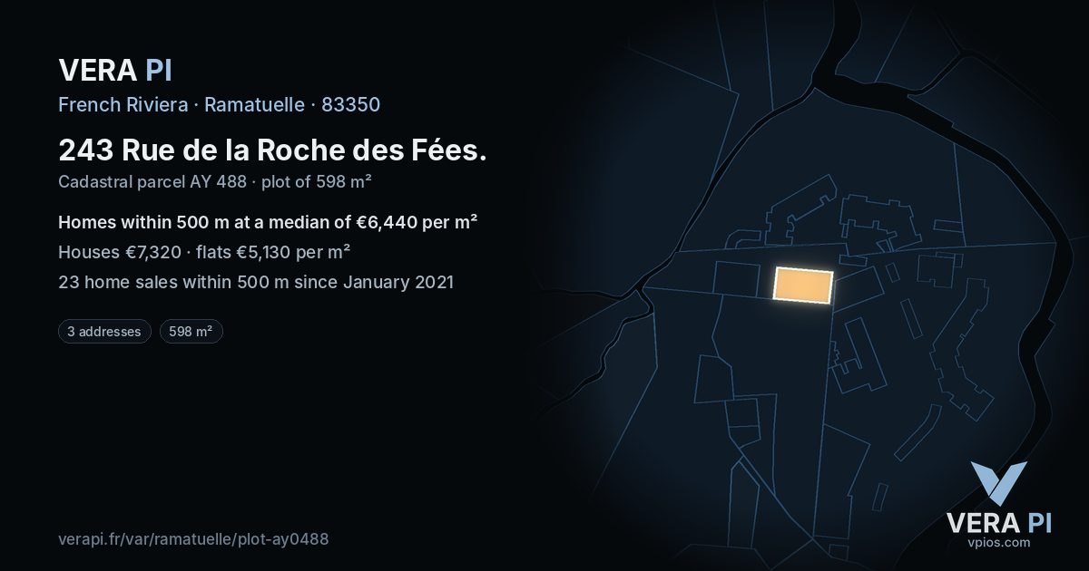 243 Rue de la Roche des Fées, Ramatuelle at night – the plot lit, the parcels around coloured by the prices near them