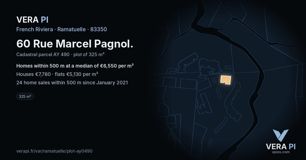 60 Rue Marcel Pagnol, Ramatuelle at night – the plot lit, the parcels around coloured by the prices near them