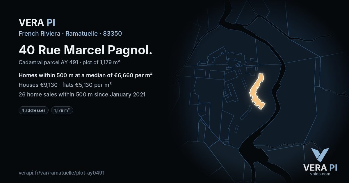 40 Rue Marcel Pagnol, Ramatuelle at night – the plot lit, the parcels around coloured by the prices near them