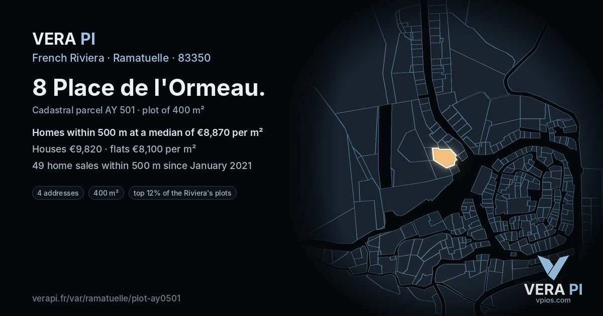 8 Place de l'Ormeau, Ramatuelle at night – the plot lit, the parcels around coloured by the prices near them