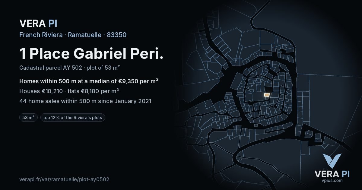 1 Place Gabriel Peri, Ramatuelle at night – the plot lit, the parcels around coloured by the prices near them