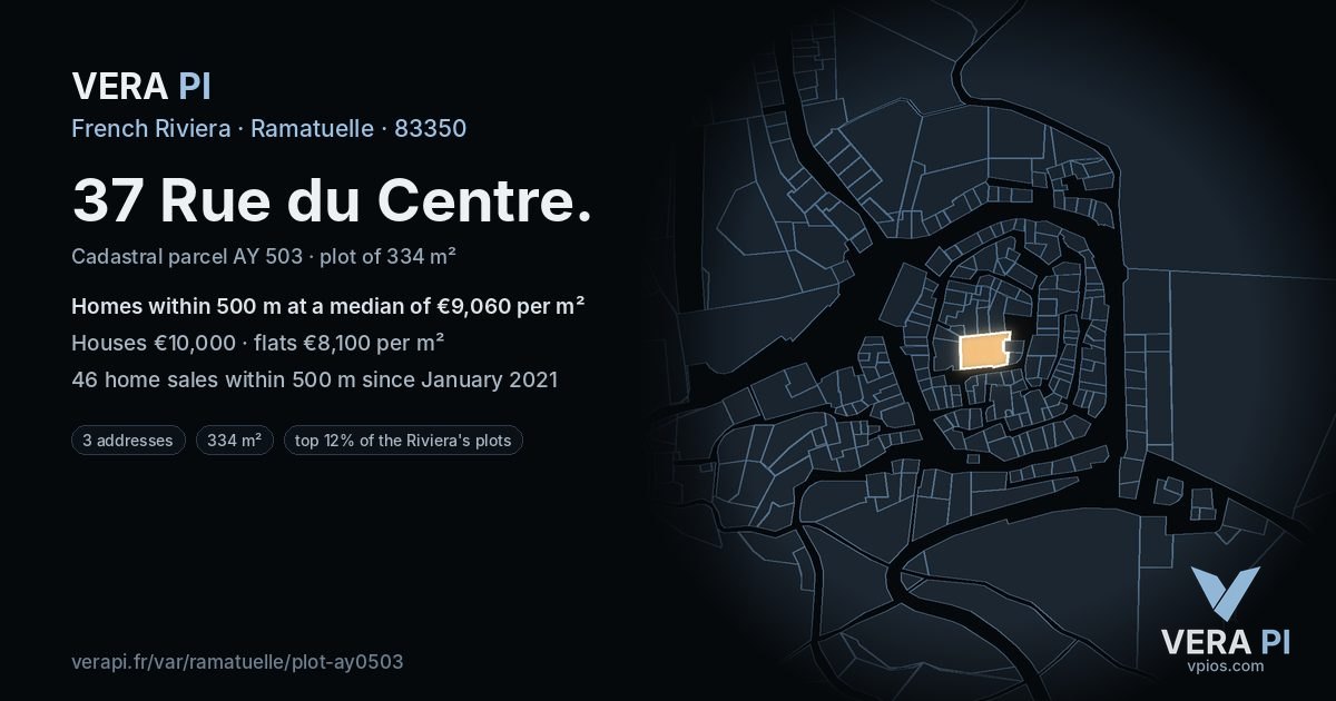 37 Rue du Centre, Ramatuelle at night – the plot lit, the parcels around coloured by the prices near them