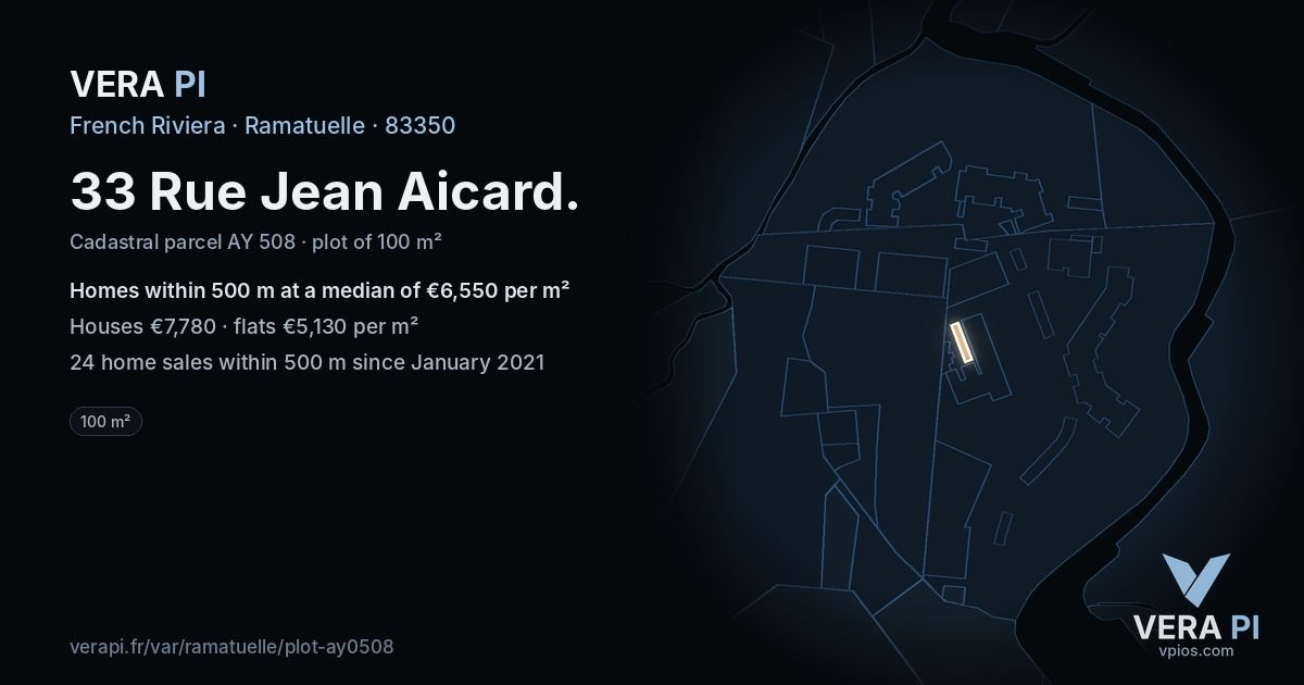33 Rue Jean Aicard, Ramatuelle at night – the plot lit, the parcels around coloured by the prices near them