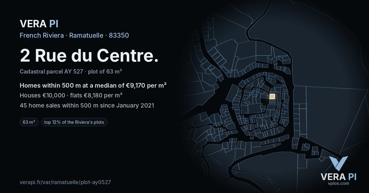 2 Rue du Centre, Ramatuelle at night – the plot lit, the parcels around coloured by the prices near them