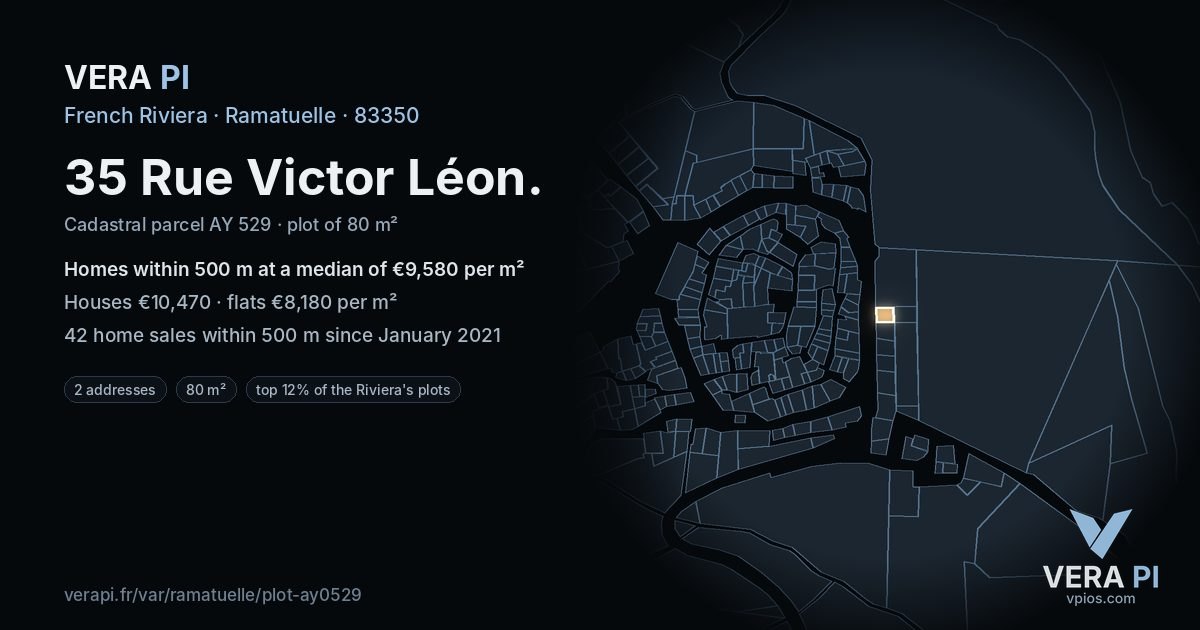 35 Rue Victor Léon, Ramatuelle at night – the plot lit, the parcels around coloured by the prices near them