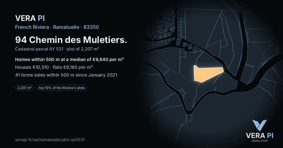 94 Chemin des Muletiers, Ramatuelle at night – the plot lit, the parcels around coloured by the prices near them