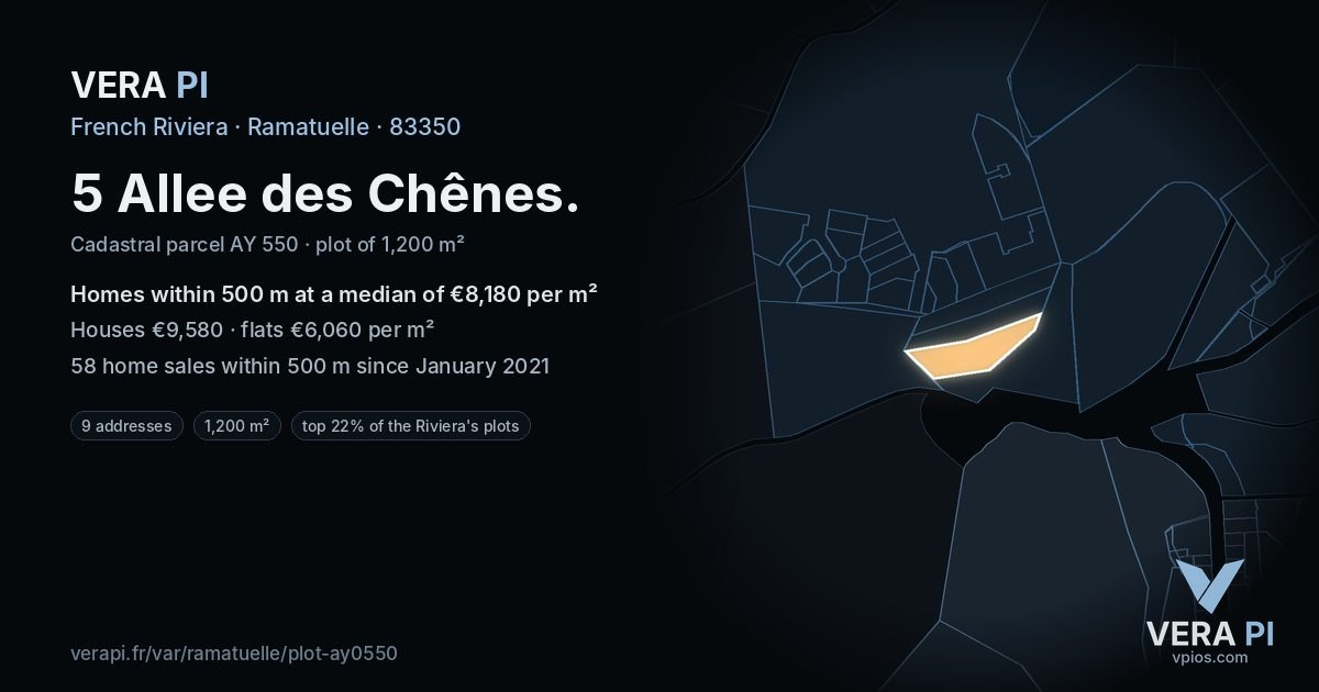 5 Allee des Chênes, Ramatuelle at night – the plot lit, the parcels around coloured by the prices near them