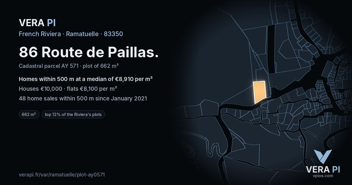 86 Route de Paillas, Ramatuelle at night – the plot lit, the parcels around coloured by the prices near them