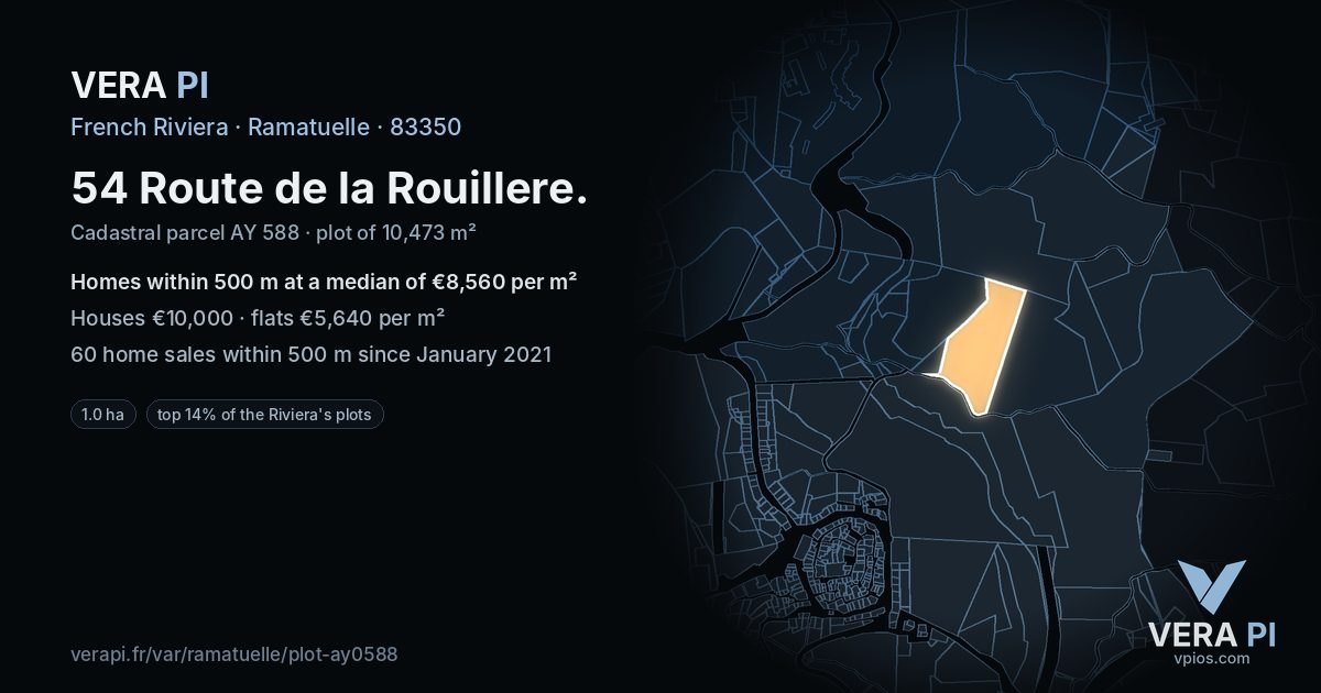 54 Route de la Rouillere, Ramatuelle at night – the plot lit, the parcels around coloured by the prices near them