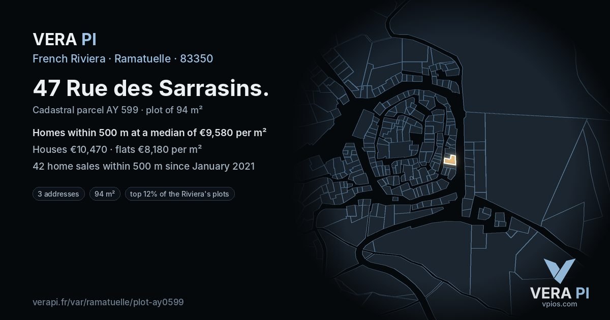 47 Rue des Sarrasins, Ramatuelle at night – the plot lit, the parcels around coloured by the prices near them