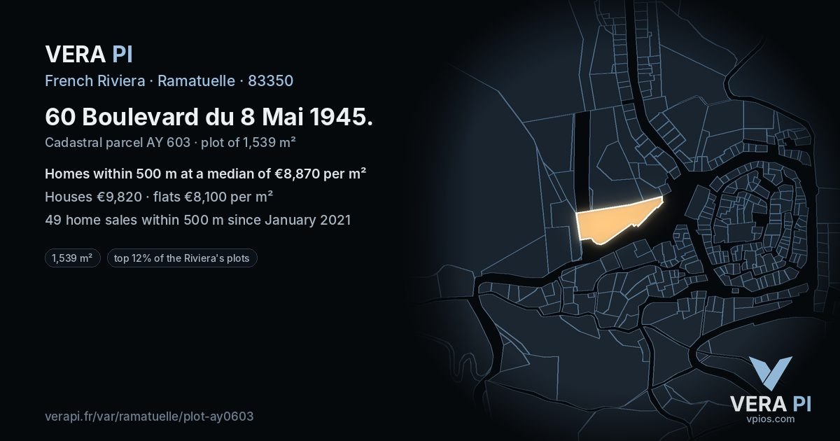 60 Boulevard du 8 Mai 1945, Ramatuelle at night – the plot lit, the parcels around coloured by the prices near them