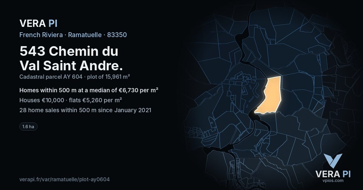 543 Chemin du Val Saint Andre, Ramatuelle at night – the plot lit, the parcels around coloured by the prices near them