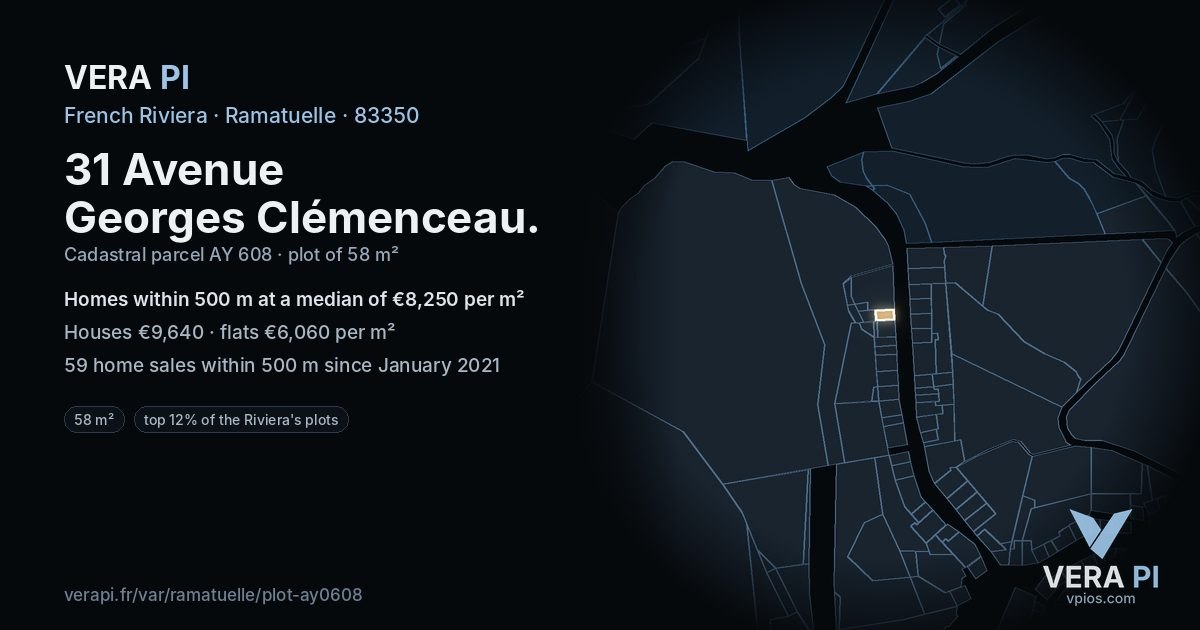 31 Avenue Georges Clémenceau, Ramatuelle at night – the plot lit, the parcels around coloured by the prices near them
