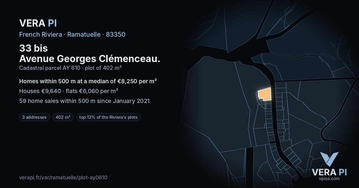 33 bis Avenue Georges Clémenceau, Ramatuelle at night – the plot lit, the parcels around coloured by the prices near them