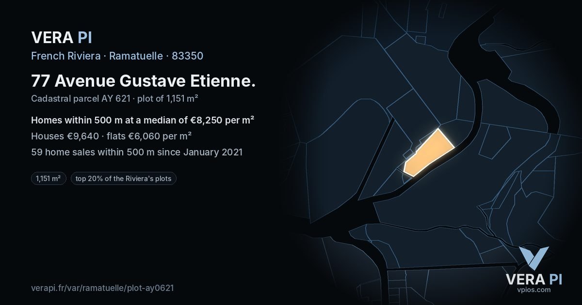 77 Avenue Gustave Etienne, Ramatuelle at night – the plot lit, the parcels around coloured by the prices near them