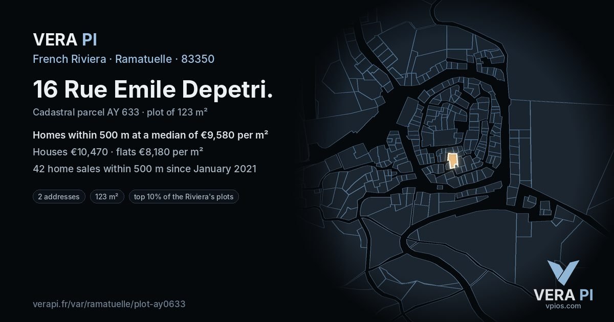 16 Rue Emile Depetri, Ramatuelle at night – the plot lit, the parcels around coloured by the prices near them