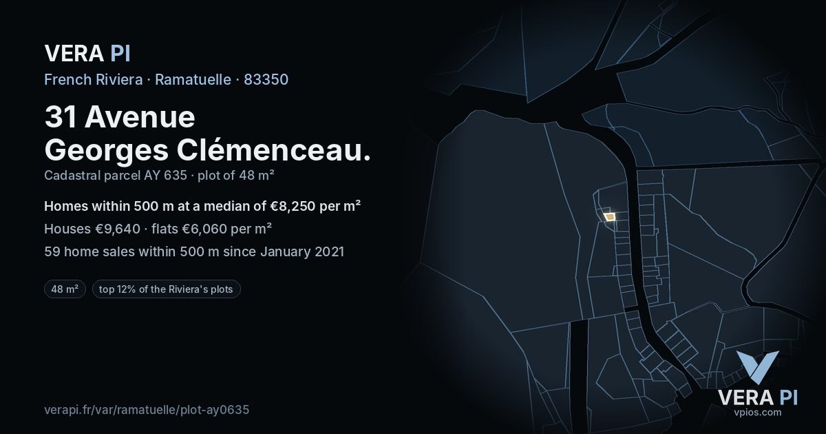31 Avenue Georges Clémenceau, Ramatuelle at night – the plot lit, the parcels around coloured by the prices near them