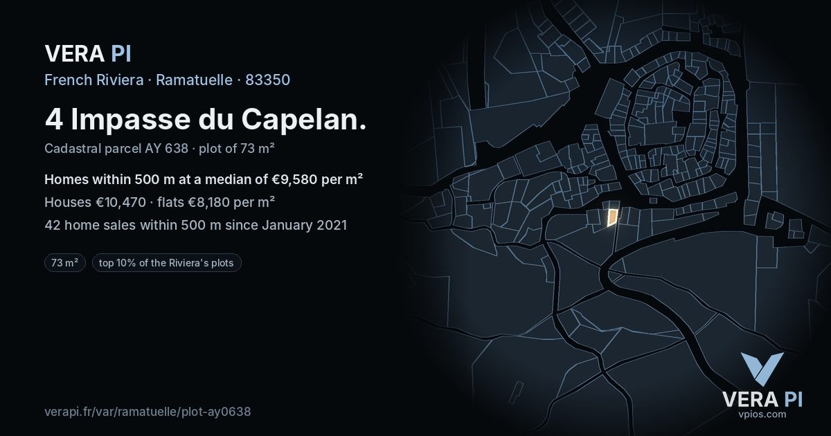 4 Impasse du Capelan, Ramatuelle at night – the plot lit, the parcels around coloured by the prices near them