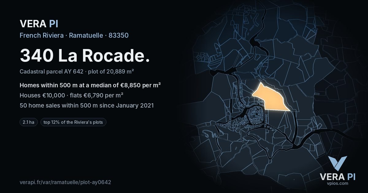 340 La Rocade, Ramatuelle at night – the plot lit, the parcels around coloured by the prices near them