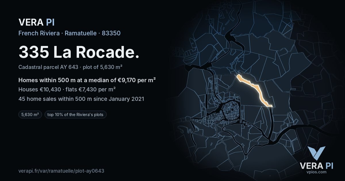 335 La Rocade, Ramatuelle at night – the plot lit, the parcels around coloured by the prices near them