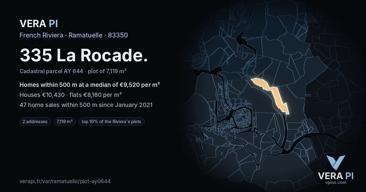 335 La Rocade, Ramatuelle at night – the plot lit, the parcels around coloured by the prices near them
