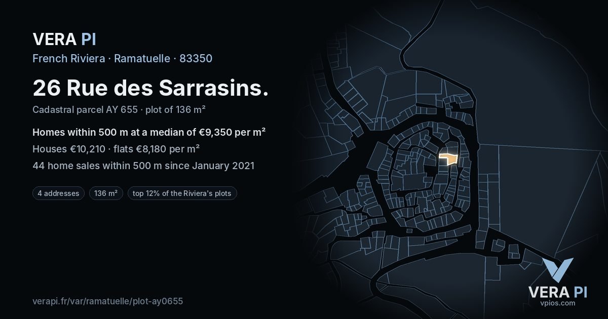 26 Rue des Sarrasins, Ramatuelle at night – the plot lit, the parcels around coloured by the prices near them