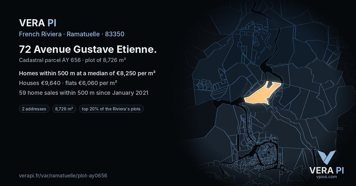 72 Avenue Gustave Etienne, Ramatuelle at night – the plot lit, the parcels around coloured by the prices near them