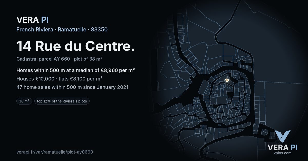 14 Rue du Centre, Ramatuelle at night – the plot lit, the parcels around coloured by the prices near them