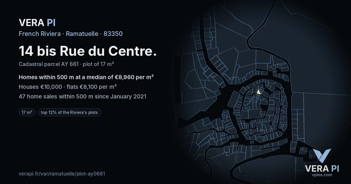 14 bis Rue du Centre, Ramatuelle at night – the plot lit, the parcels around coloured by the prices near them